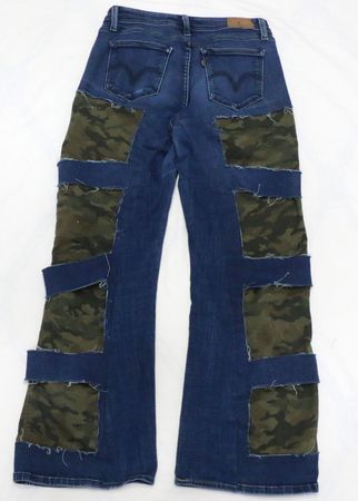CR1950 Upcycled Camo Patch Flare Jeans
