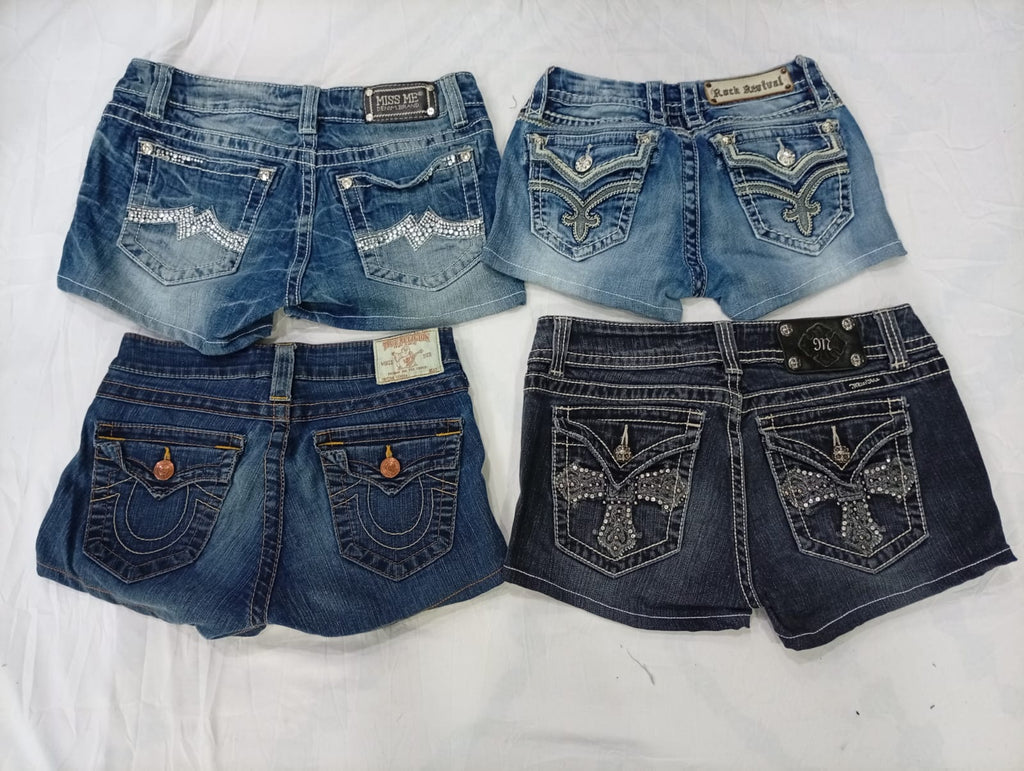CR9619 Upcycled Mix Branded Mini Denim Shorts