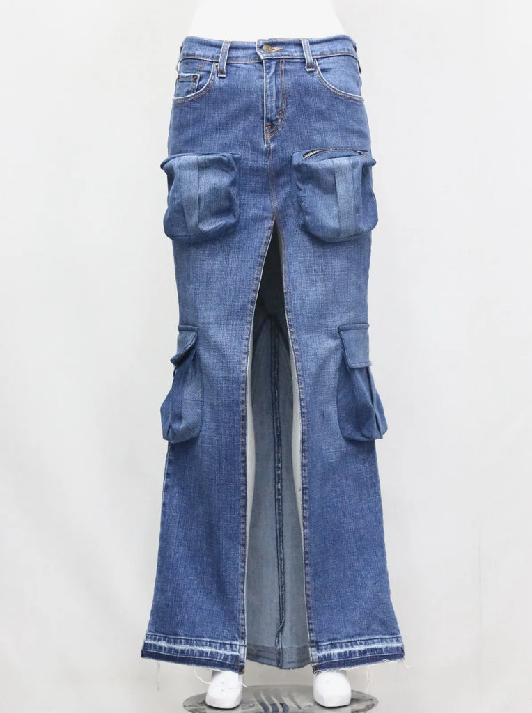 CR1129 Upcycled Utility Split Denim Skirt