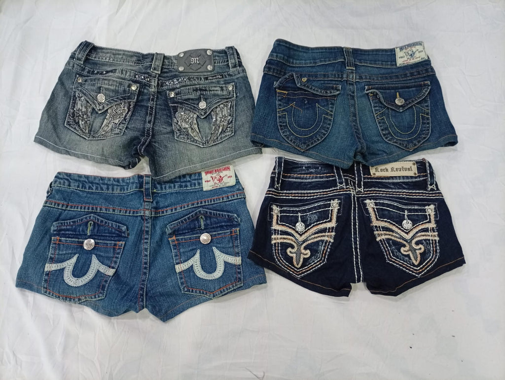 CR9618 Upcycled Mix Branded Mini Denim Shorts