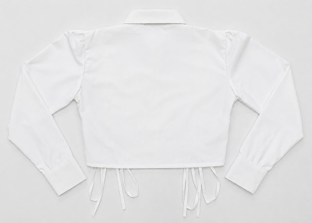 CR2056 UPCYCLED RUCHED SIDE-TIE CROPPED SHIRT