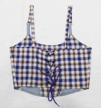 CR2086 Upcycled Denim & Plaid Corset Top