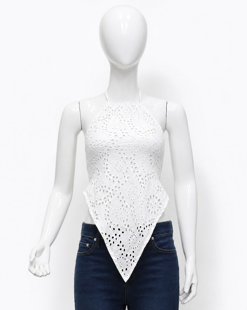 CR1925 UPCYCLED EYELET HALTER HANDKERCHIEF TOP