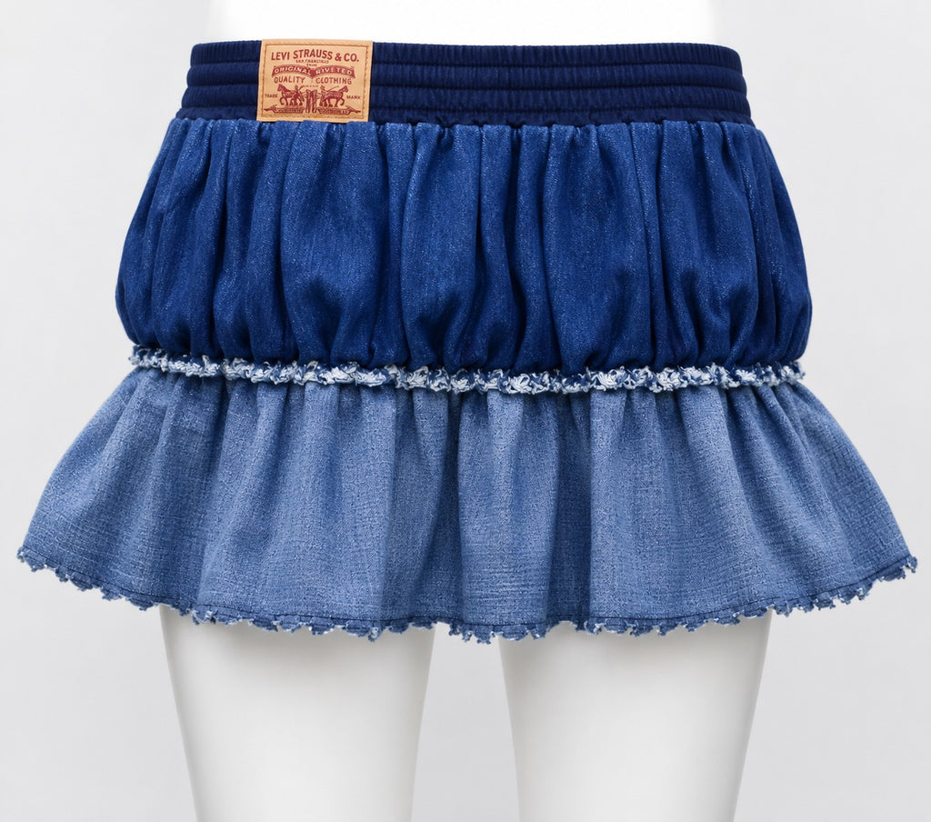 CR1914 UPCYCLED TIERED DENIM MINI SKIRT