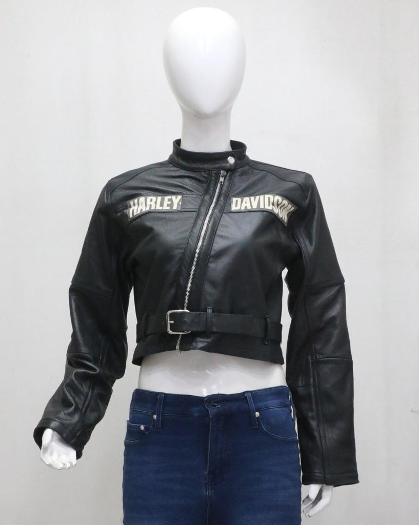 CR2057 UPCYCLED HARLEY-STYLE CROPPED MOTO LEATHER JACKET