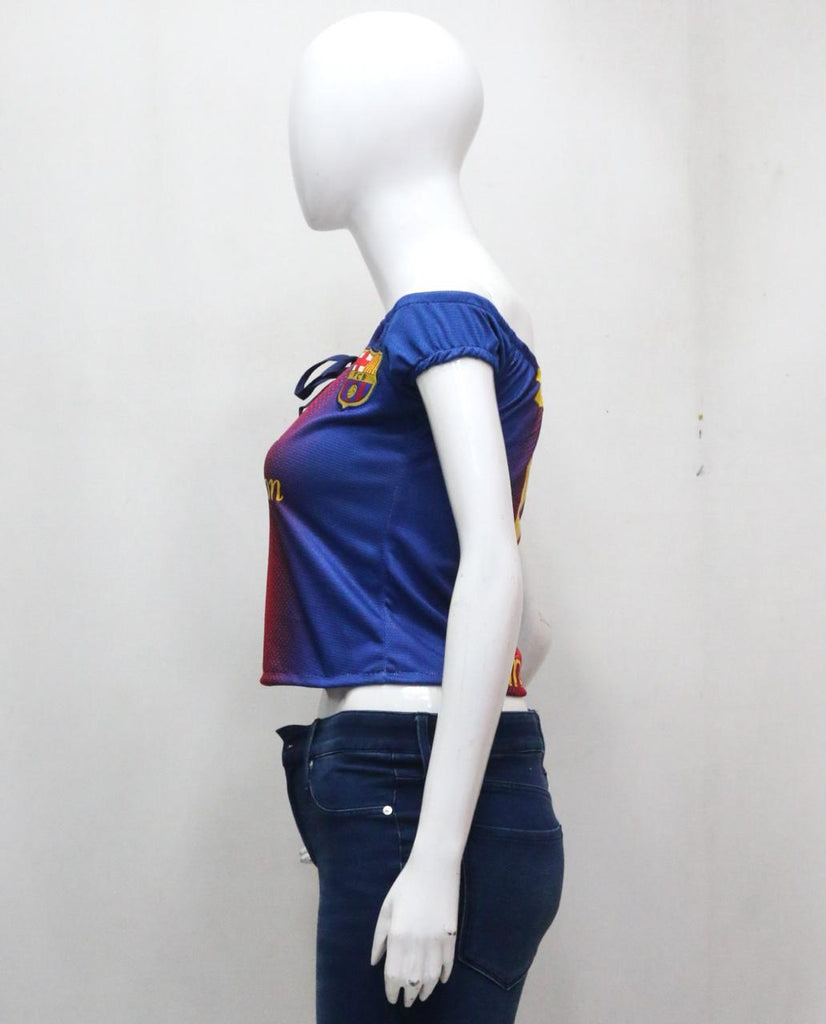 CR1895 UPCYCLED OFF-SHOULDER FOOTBALL JERSEY TOP