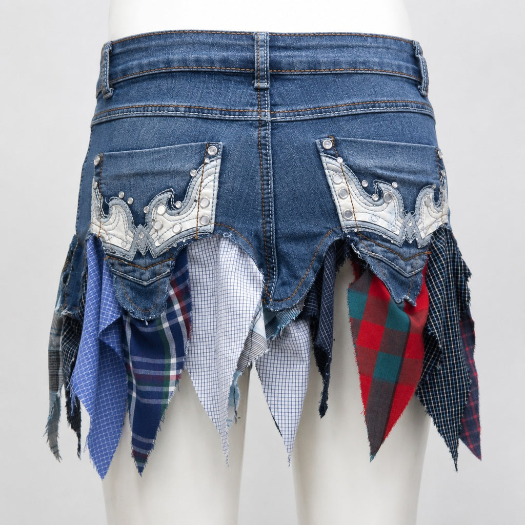 CR1993 UPCYCLED PLAID PANEL DENIM MINI SKIRT
