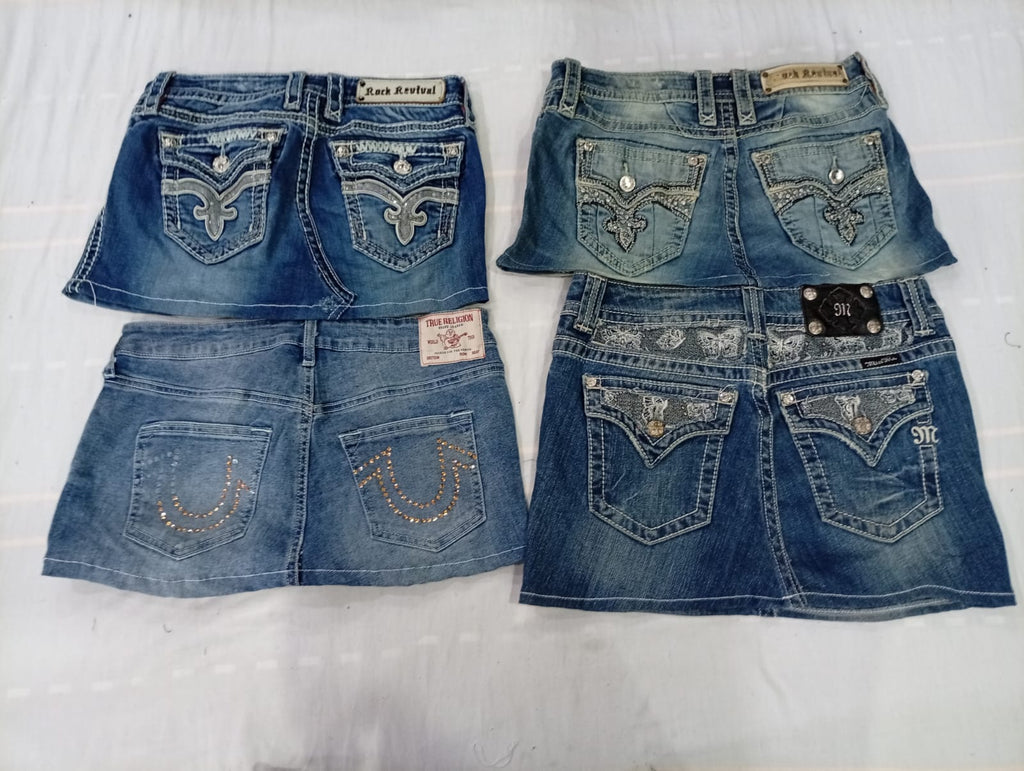 CR10571 Upcycled Mix Branded Mini Denim Skirts