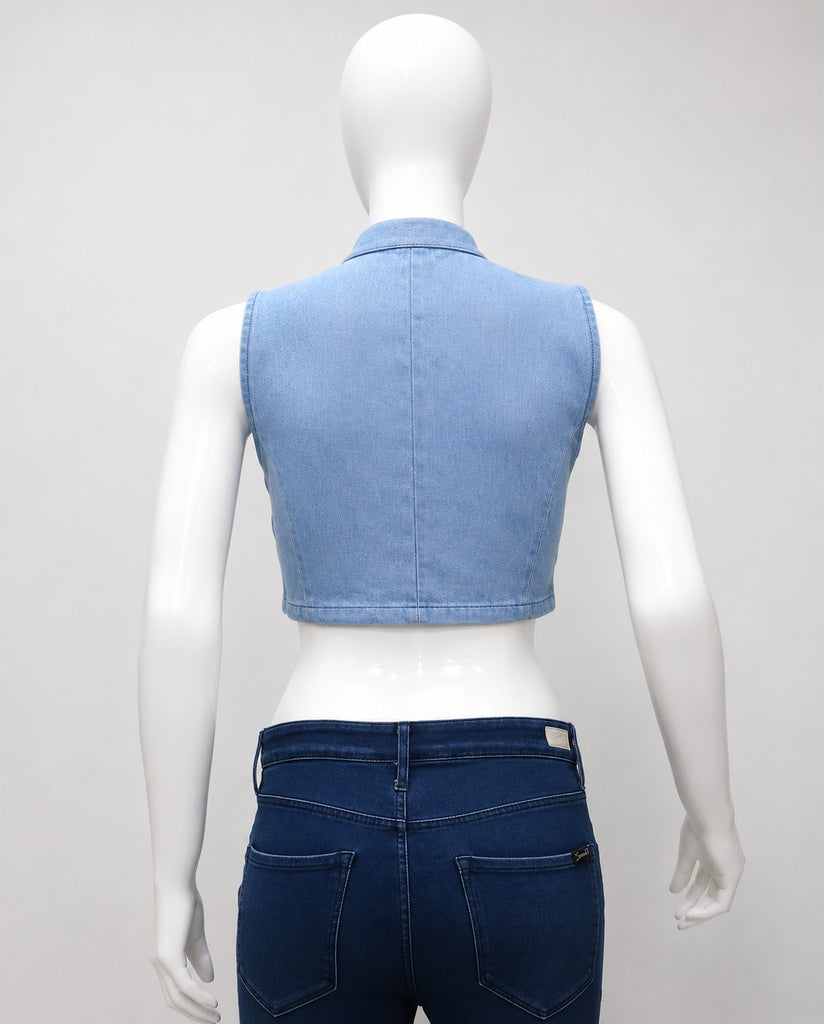 CR1912 UPCYCLED BUCKLE DETAIL DENIM CROP TOP