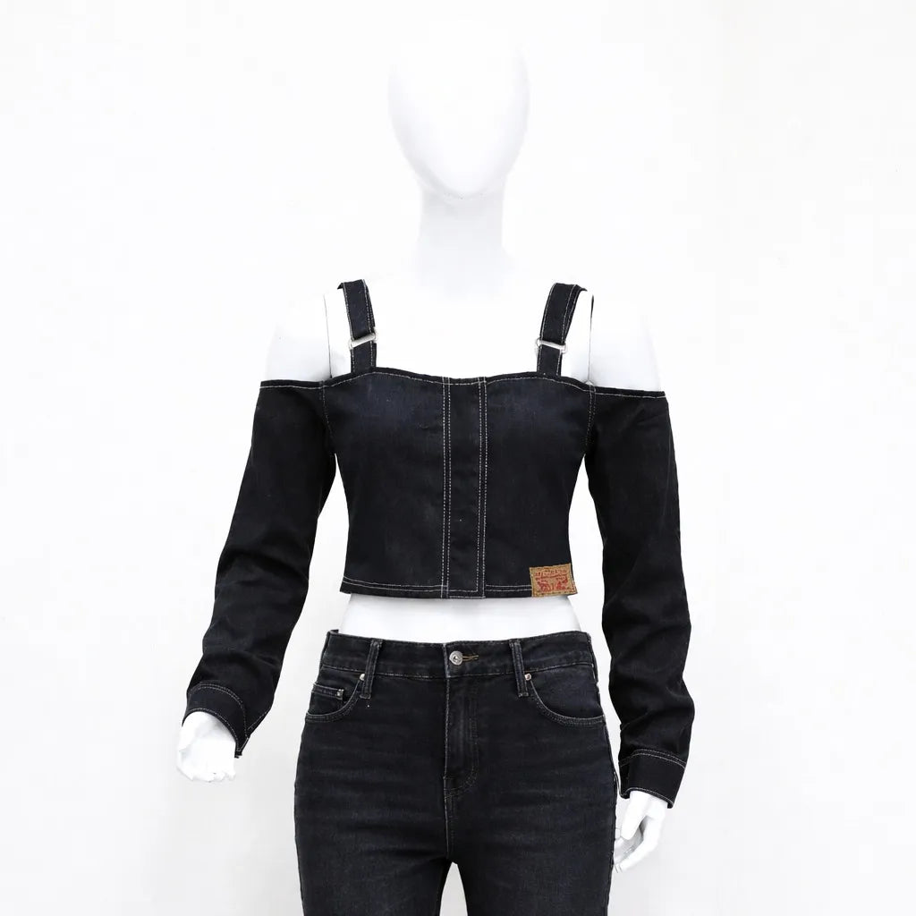 CR1117 Upcycled Denim Strap Crop Top