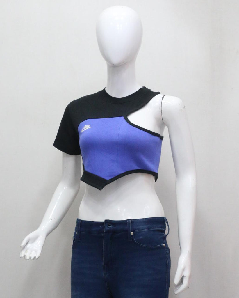 CR1853 UPCYCLED ASYMMETRIC SPORT CROP TOP