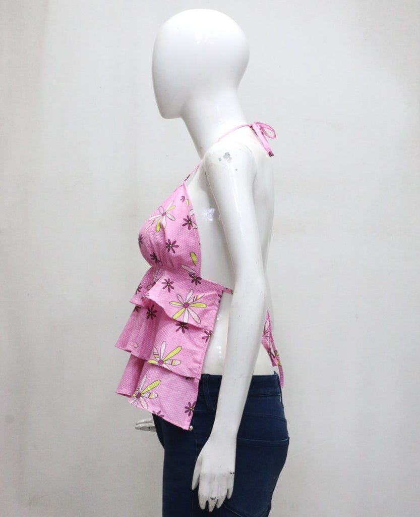 CR1948 UPCYCLED TIERED RUFFLE HALTER TOP