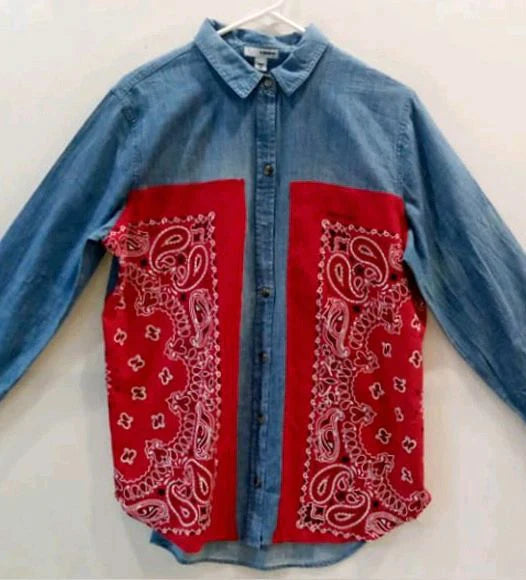 Reworked Handkerchief Patchwork Denim Blouse