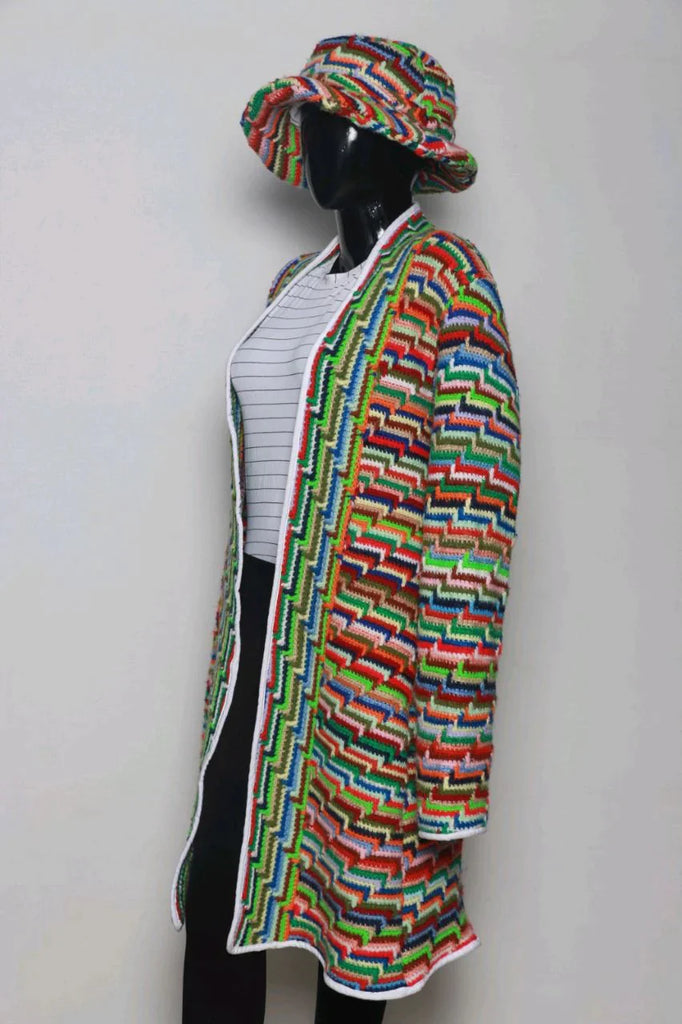 Reworked Knitted long Coat with Bucket Hat