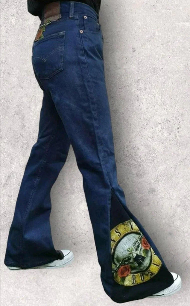 Reworked Ladies Denim Pants with Music Print Flared Patch
