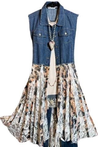 CR089 Ladies Reworked Knee Length Dress With Denim Design Blouse