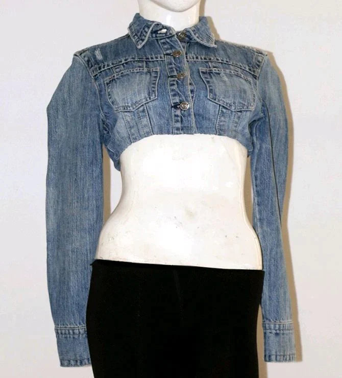 CR099 Reworked Ladies Denim Blazer Cut Crop Top