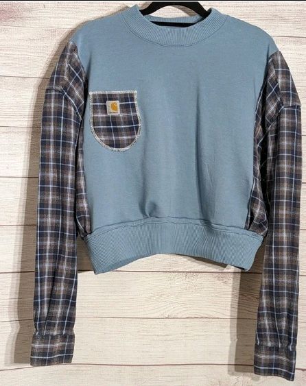 Reworked Short Length Sweatshirt with Flannel Inserts