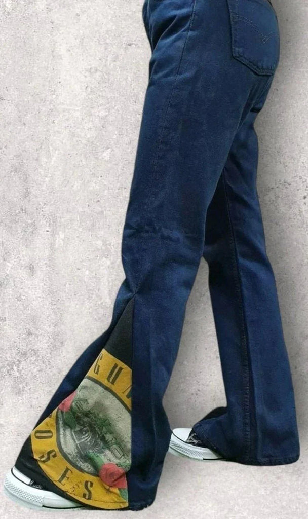 CR307 Reworked Ladies Denim Pants with Music Print Flared Patch