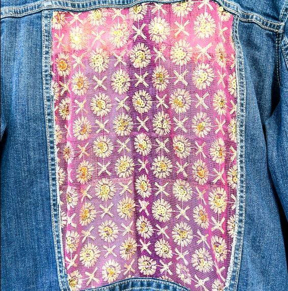Reworked Women's Denim Jacket with Decorated Insert
