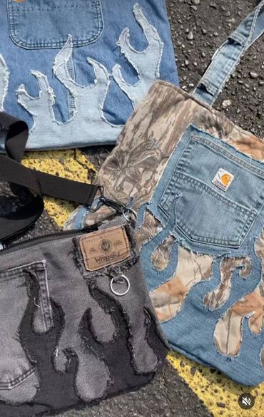 CR695 Reworked Flame Hobo Bags made using Carhartt, Lee, Levis and Wrangler Vintage Pants