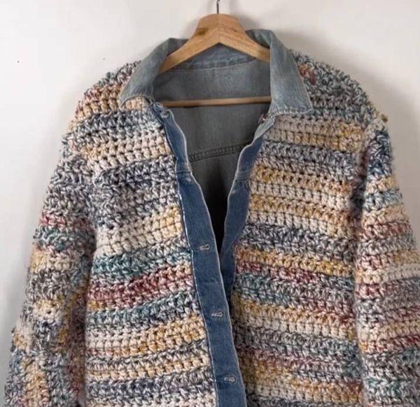 CR891 Reworked Reversible Crochet Denim Jacket for Ladies