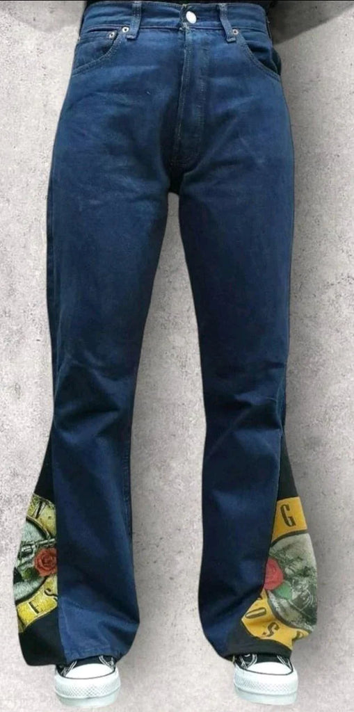 CR307 Reworked Ladies Denim Pants with Music Print Flared Patch